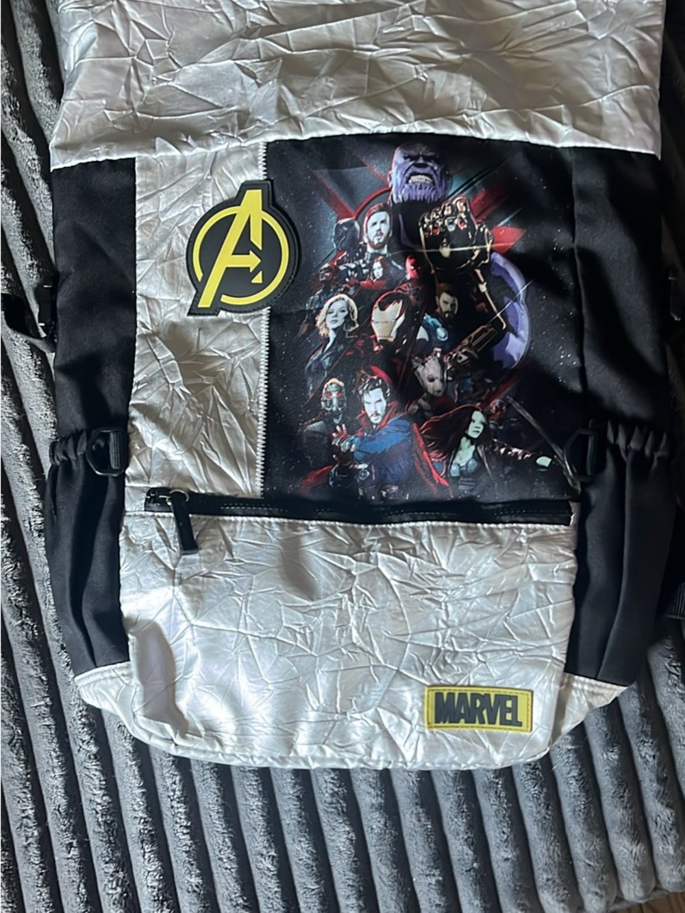 Marvel Black and Silver Avengers Character Backpack with Yellow Logos
